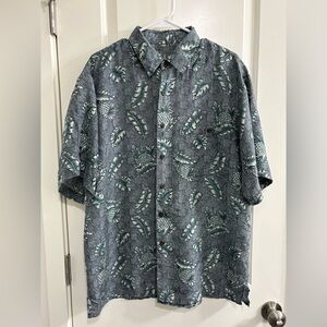 Silk Traders Vintage Men's Tropical Leaf Print Shirt - Blue and Green 100% Silk